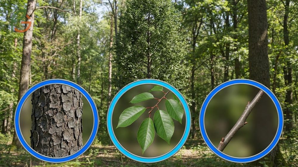 Wild black cherry tree identification using glossy serrated leaves and reddish glands on petioles.
