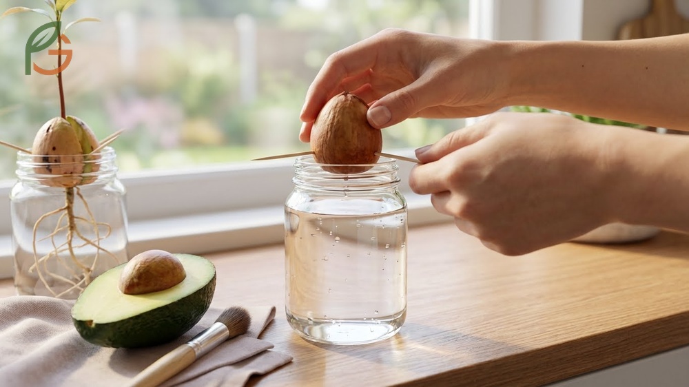 How to plant an avocado seed in water by suspending it with toothpicks so the bottom inch stays submerged for rooting.