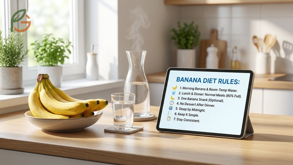 Banana diet rules including room temperature water and eating only raw bananas for breakfast.
