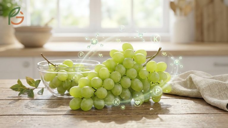 Benefits of green grapes include 191mg of potassium and over 1600 antioxidants per cup for heart health.