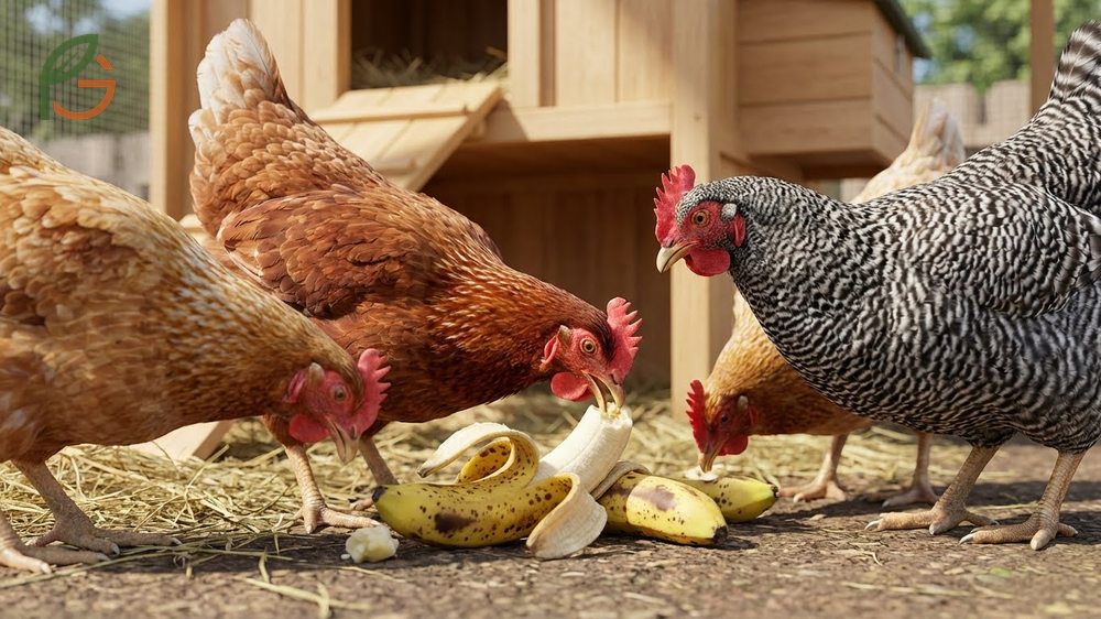 Chickens eating fresh bananas safely as a nutritious treat rich in potassium and vitamins.