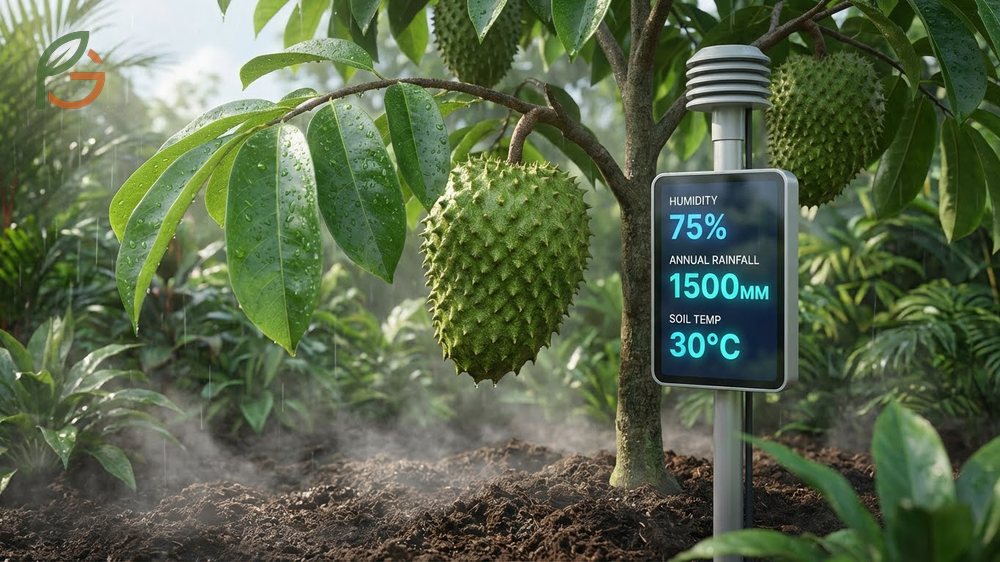 Climate requirements for soursop including 70-80 percent humidity and 47-98 inches of annual rainfall for optimal growth.