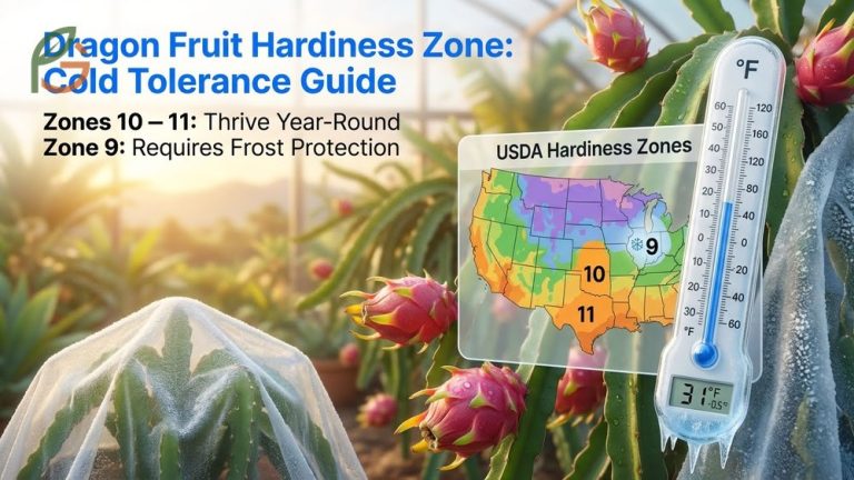Dragon fruit hardiness zone guide showing thriving tropical cacti in USDA zones 10 and 11 without frost damage.