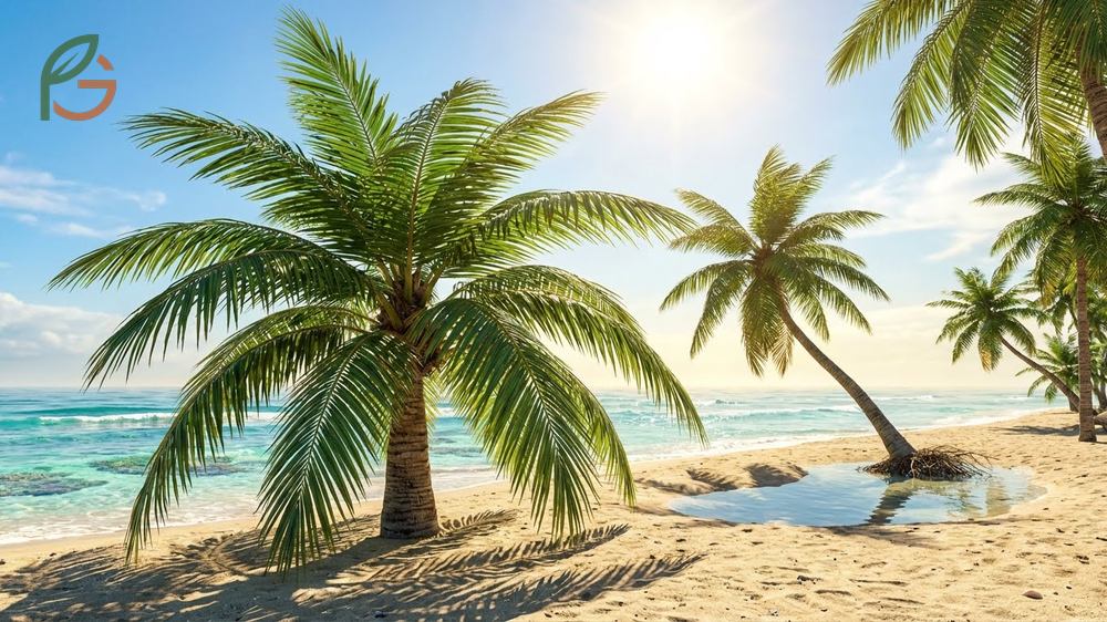 Healthy coconut palm thriving in full sun and sandy loam soil within USDA hardiness zones 10B and 11.