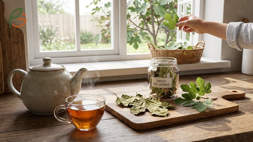How to make fig leaf tea by steeping 1 to 2 tablespoons of dried leaves for 10 minutes.