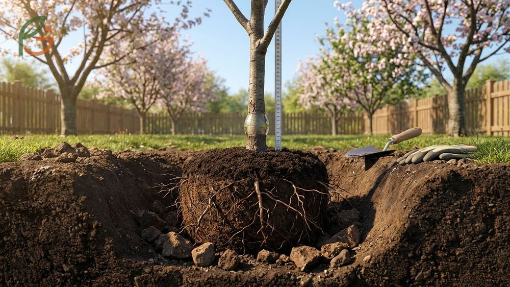 Gardener planting a cherry tree with graft union positioned 2 inches above soil level for optimal growth.