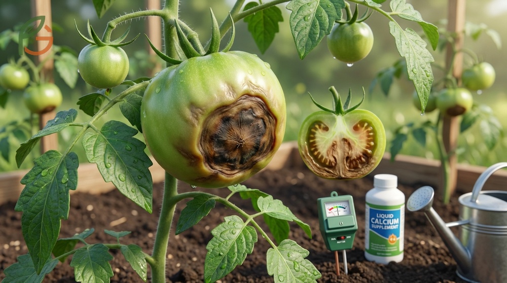 Close up of developing tomato fruit displaying early signs of bottom rot caused by inconsistent watering.