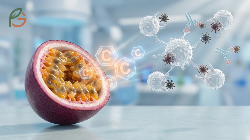 Immune system support from passion fruit includes Vitamin A and C that stimulate white blood cell production for better health.