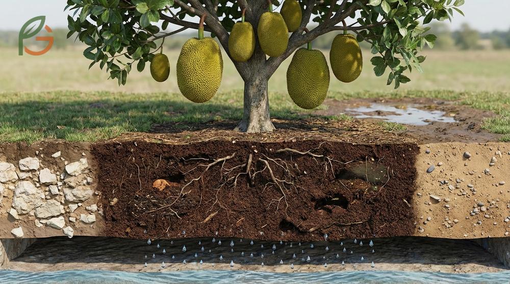 Jackfruit tree soil needs showing a deep loamy mix with pH 6.0-7.5 for optimal taproot development.