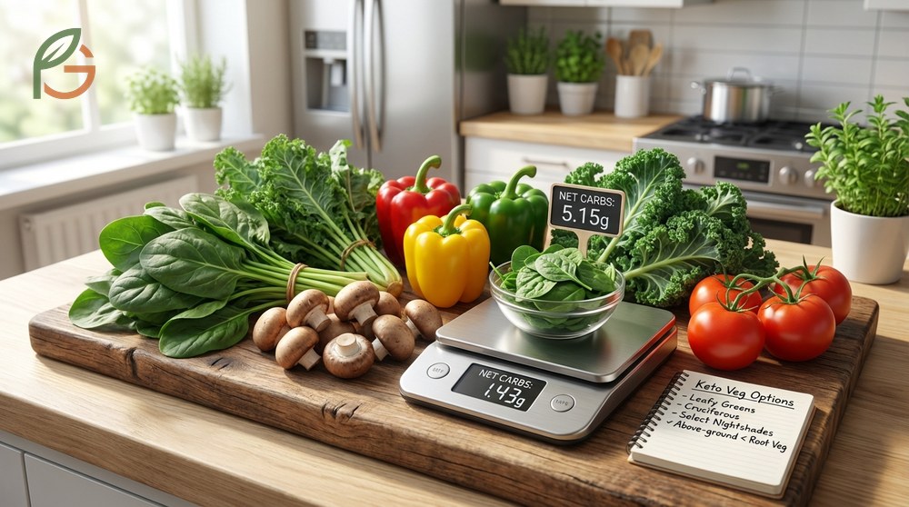 Keto vegetable options comparing cherry tomatoes to lower carb leafy greens like spinach.