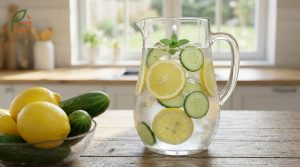 Lemon and cucumber water infusion in a glass pitcher providing 44mg of vitamin C and hydration support.