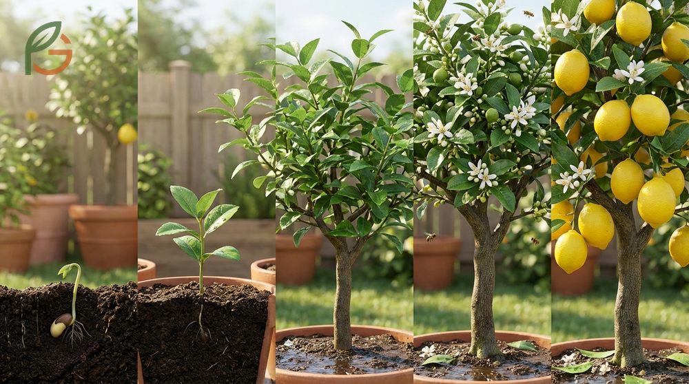 Lemon tree growth stages progress through germination and vegetative growth before reaching the fruiting phase.