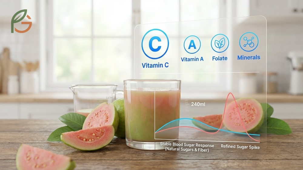 Guava juice nutrition data shows the beverage provides essential minerals and folate while containing less than 70 calories.