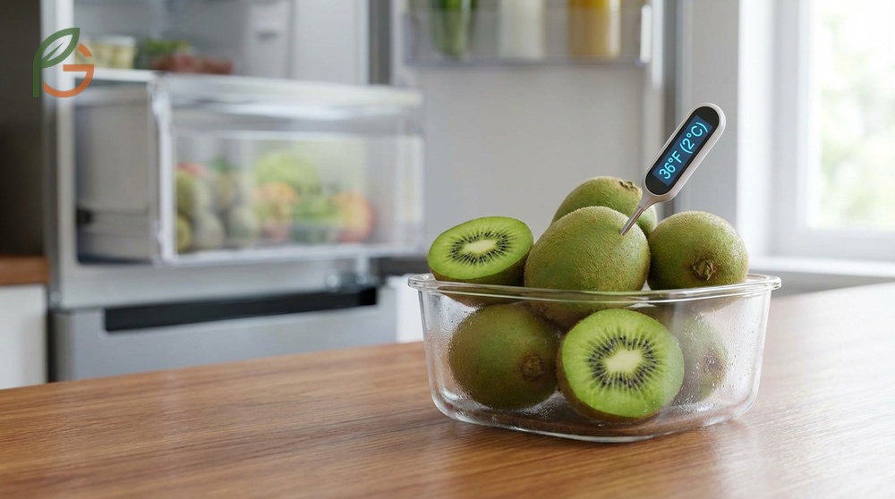 Optimal kiwi storage conditions include using a crisper drawer with 90% humidity and temperature between 32-38 degrees.
