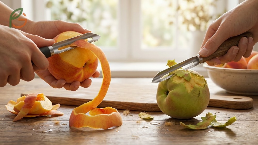 How to peel peaches easily by selecting firm ripe fruit that processes 3 times faster with a serrated tool.