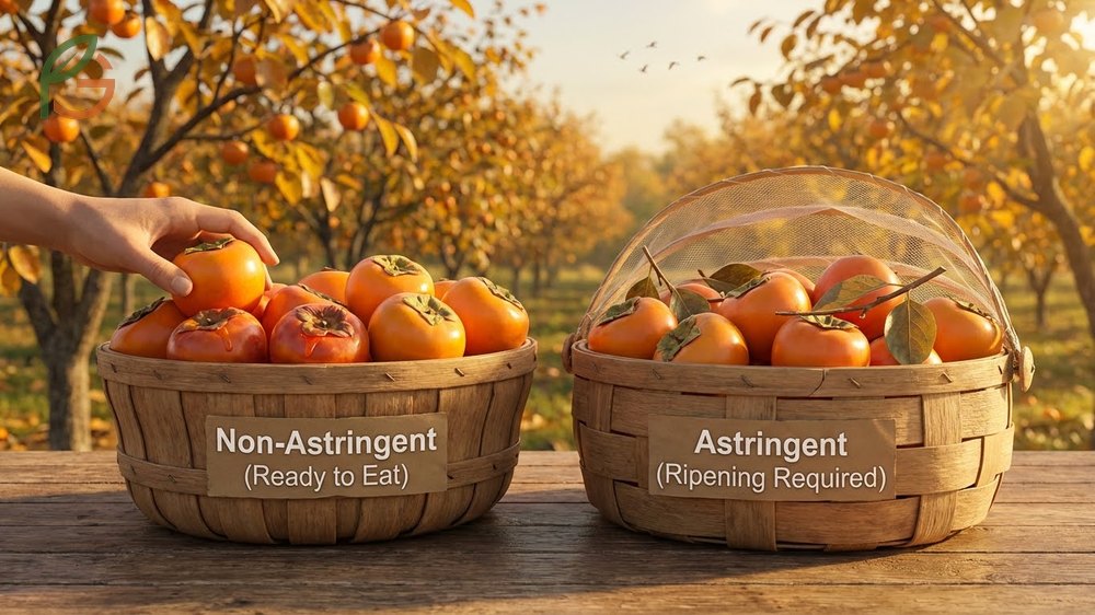 Ripening requirements different for persimmons noting that astringent types need to soften completely like water balloons before eating.