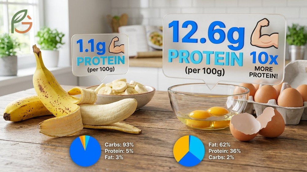 Protein in banana vs egg comparison showing eggs contain ten times more protein per gram than fruit.
