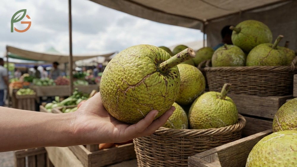 Selecting ripe breadfruit at the market by checking skin color and stem condition.
