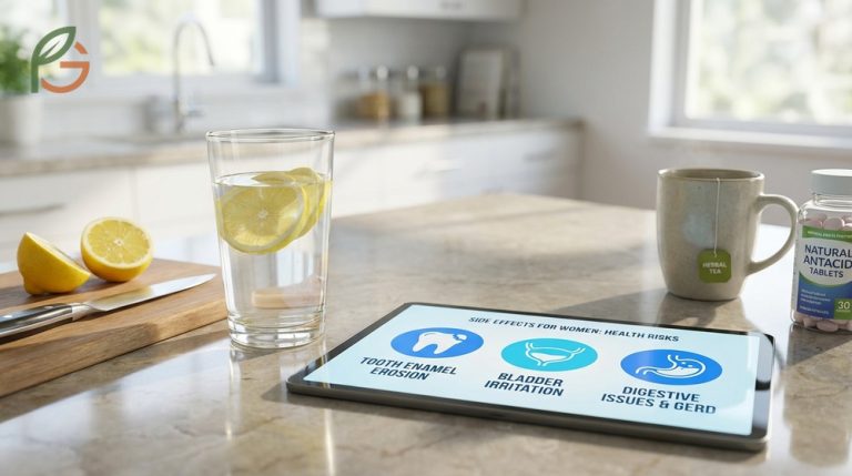 Side effects of lemon water for female consumers include enamel erosion and bladder irritation from daily intake.