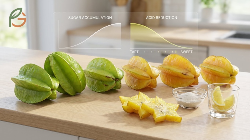 Starfruit flavor profile shifts from tart acidic notes in green fruit to sweet floral flavors in fully yellow fruit.