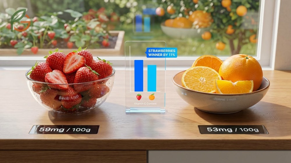 Strawberries vs oranges vitamin c comparison showing strawberries provide 11% more vitamin C per 100g.