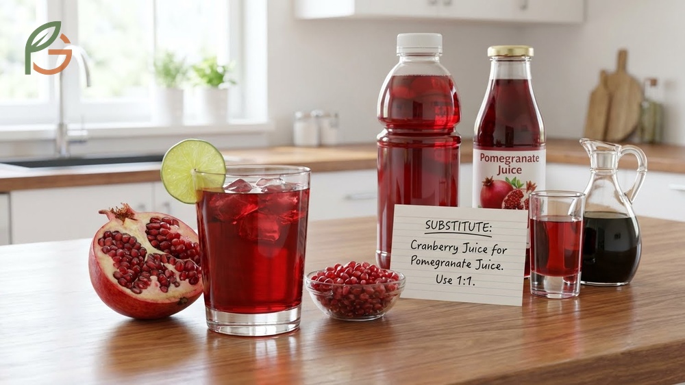 Substitute for pomegranate juice with cranberry juice at a 1 to 1 ratio for similar tartness and color.