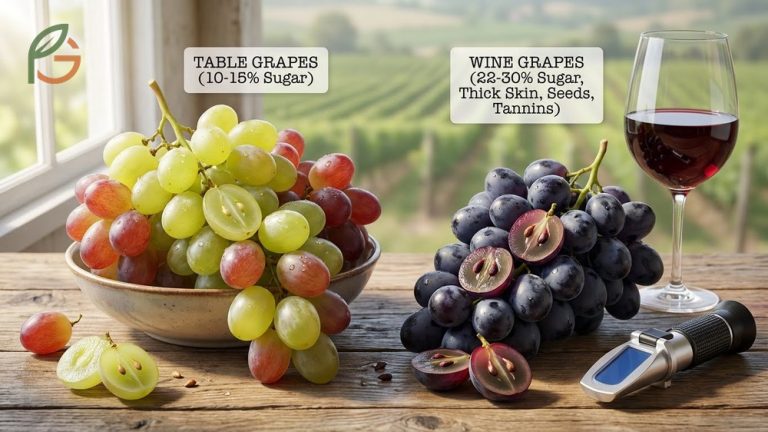 Table grapes vs wine grapes differ significantly in sugar content and skin thickness for winemaking.