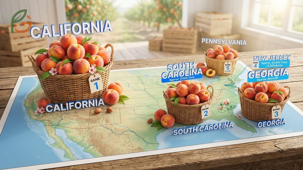 Map highlighting top peach producing states including California South Carolina Georgia and New Jersey which grow most of the crop.