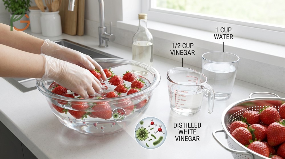 Soaking strawberries in a vinegar and water solution to remove mold spores before thoroughly drying for storage.