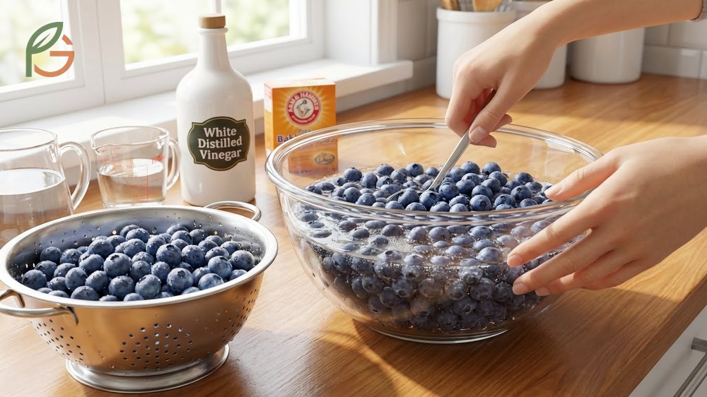 How to wash blueberries with vinegar using a 3 to 1 water to vinegar ratio soaked for 10 minutes to kill mold spores and bacteria.