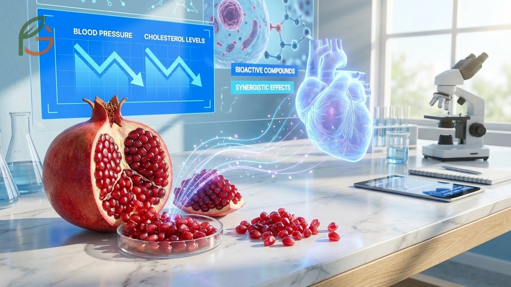 Benefits of pomegranate seeds including lower blood pressure and reduced cholesterol for better cardiovascular health.