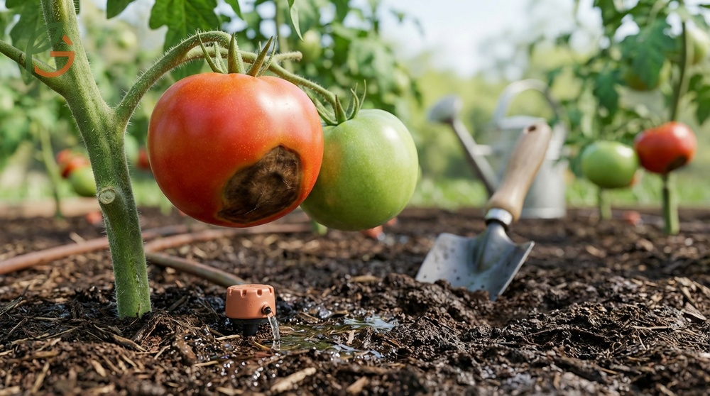 Gardener applying organic mulch and establishing consistent watering habits to treat and stop blossom end rot.