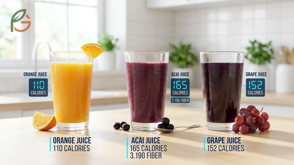 Calories in acai juice analysis showing 165 calories and 3g fiber per 8 ounce serving.