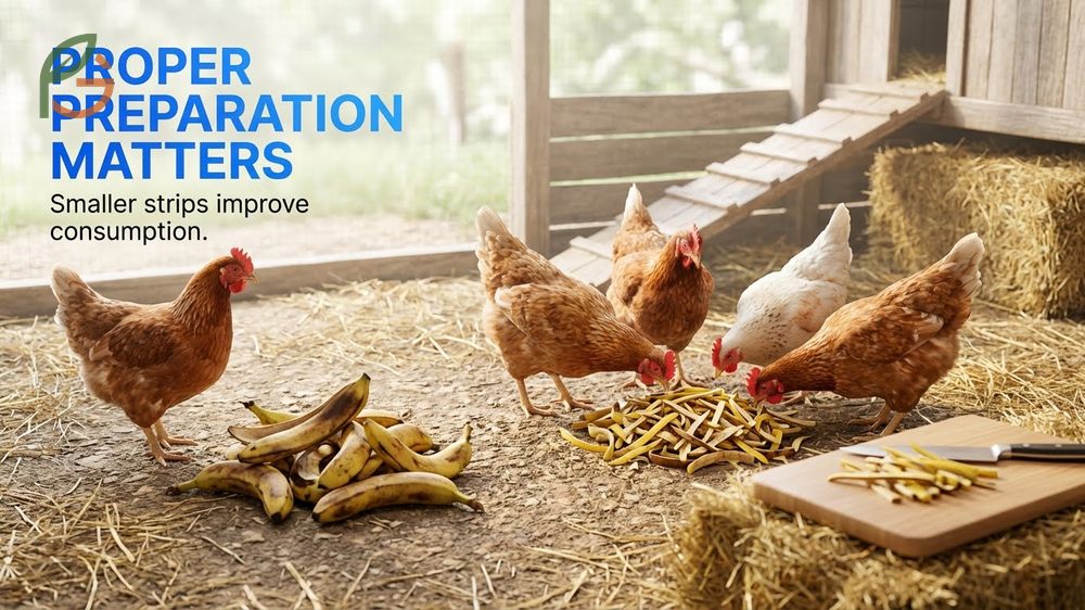 Banana peels cut into small strips for chickens to eat safely and digest easily.