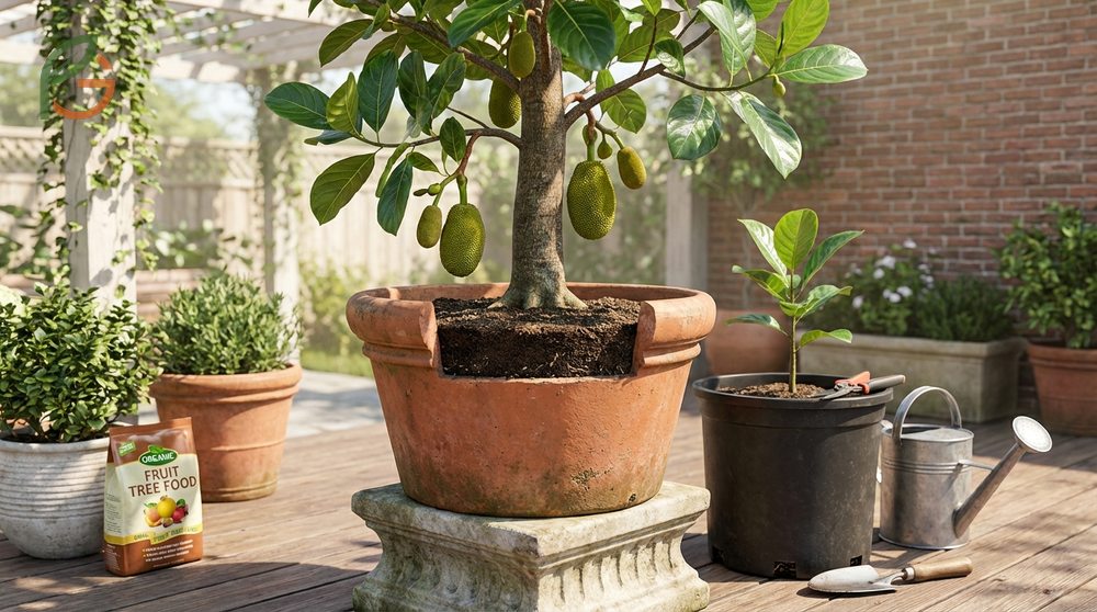 Container gardening jackfruit in a 25-gallon pot pruned to 8 feet to manage size in small spaces.