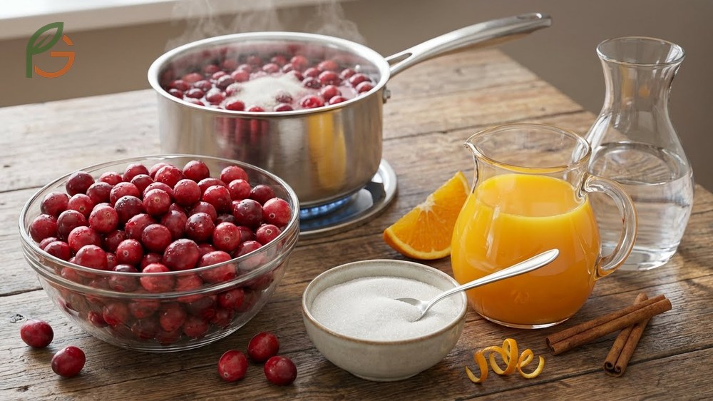 Cranberry sauce ingredients include twelve ounces of fresh berries sugar and orange juice for zest.