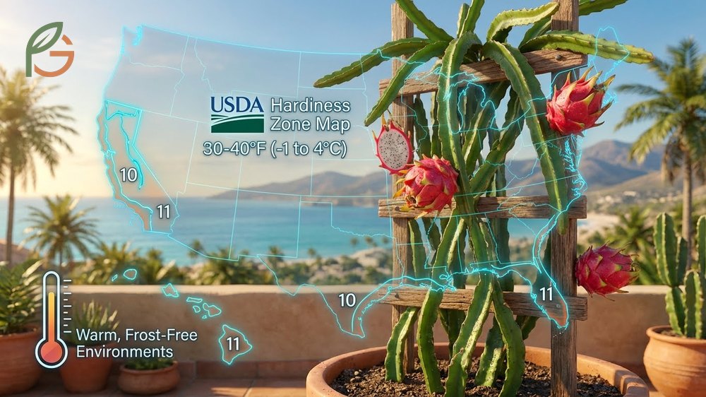 Dragon fruit hardiness zone map indicating optimal growth in coastal regions where winter temperatures stay above 40 degrees.