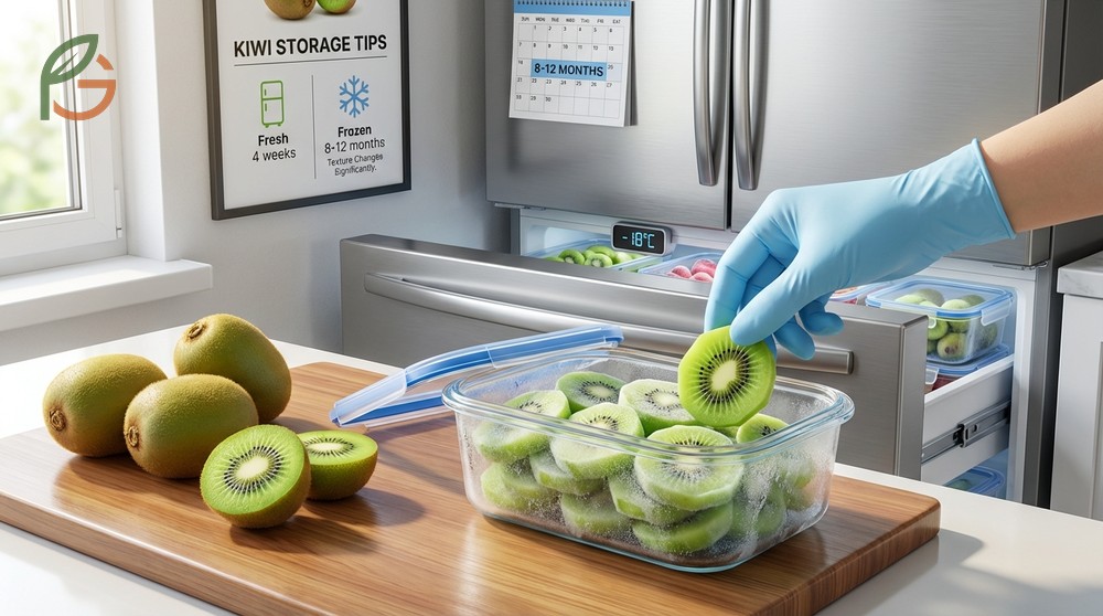 Kiwi storage tips include not washing fruit until eating and freezing sliced kiwi on parchment paper for 8-12 months use.