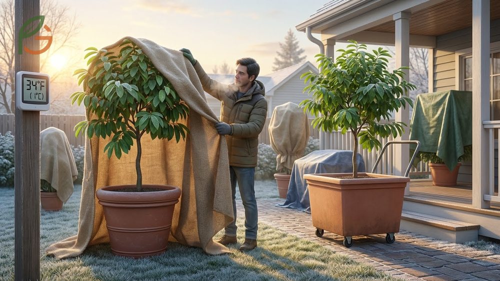 Frost protection for soursop using frost cloth and string lights to maintain temperatures 3-7 degrees above ambient cold.