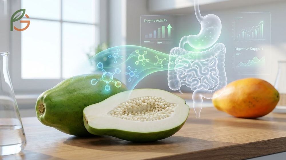 Green papaya benefits digestive health by reducing bloating and constipation with potent enzymes.