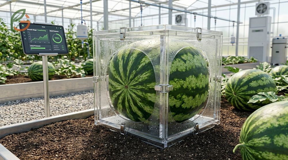 Growing square watermelons involves placing fruit in molds for 3 to 5 days to shape corners and lose 5 to 10 percent sugar.