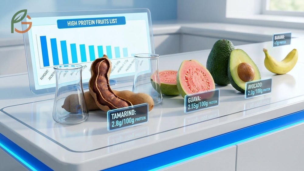 High protein fruits list featuring tamarinds and guavas that outperform bananas in protein content.