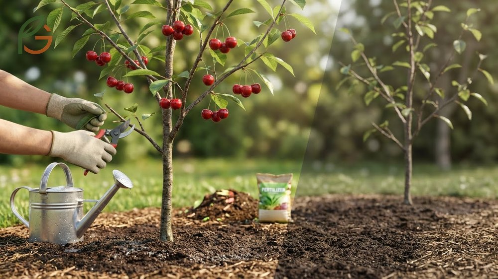 Essential cherry tree care including deep watering and annual pruning to establish strong scaffold branches.