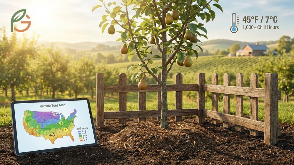 How to grow a pear tree involves selecting a site with full sun and proper chill hours between 1000 and 1200.
