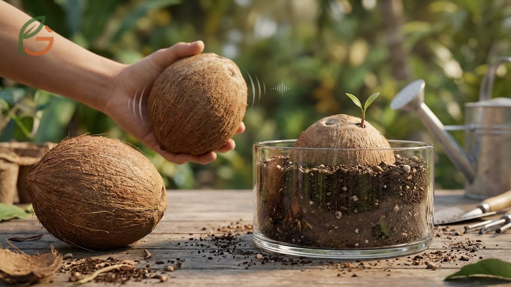 Sprouted coconut seed placed horizontally in soil with the shoot emerging for successful planting and germination.
