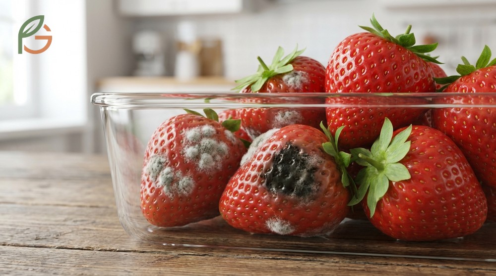 Visual indicators of spoiled strawberries including soft spots and fuzzy mold growth on the fruit surface.