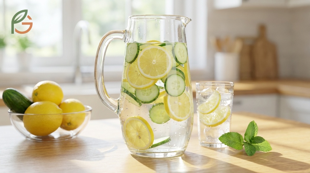 Lemon and cucumber water ingredients containing 96 percent water and only 16 calories per 100g serving.