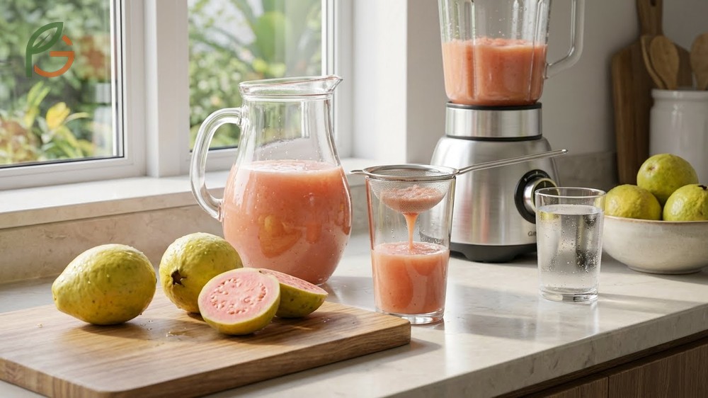 Fresh guava juice is prepared by blending ripe fruits with water and straining to retain nutrients without added sugars.