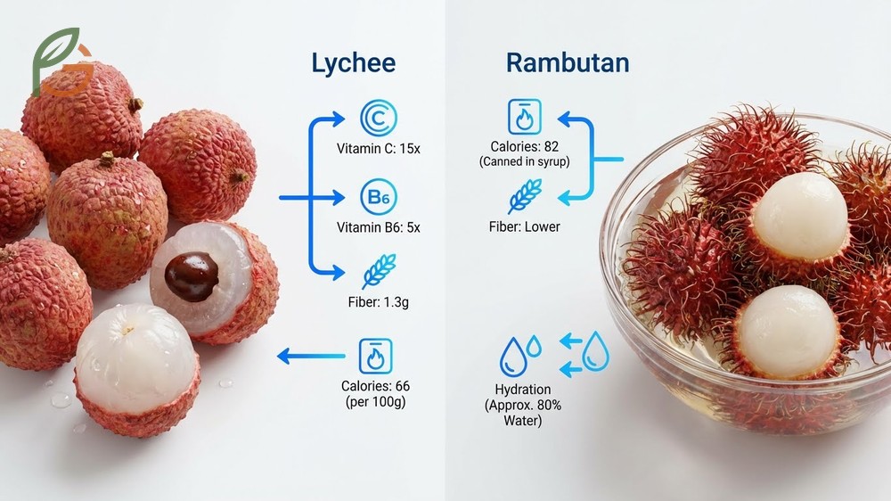 Nutritional comparison of rambutan vs lychee revealing differences in vitamin C and calorie content.