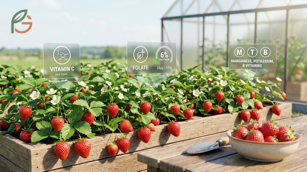 Other vitamins in strawberries highlighting 24μg folate and 0.39mg manganese for comprehensive health benefits.